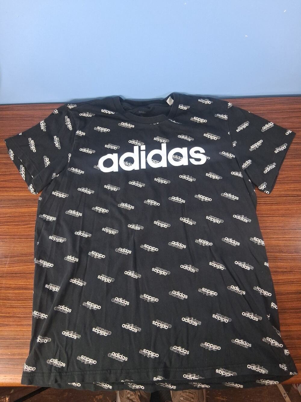 Adidas Logo Black Shirt Size XL White Logo All Over Print Short Sleeve